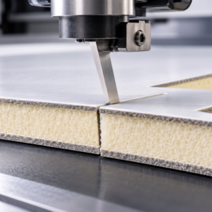 Industrial blade cutting sandwich panel on a flatbed cutting table